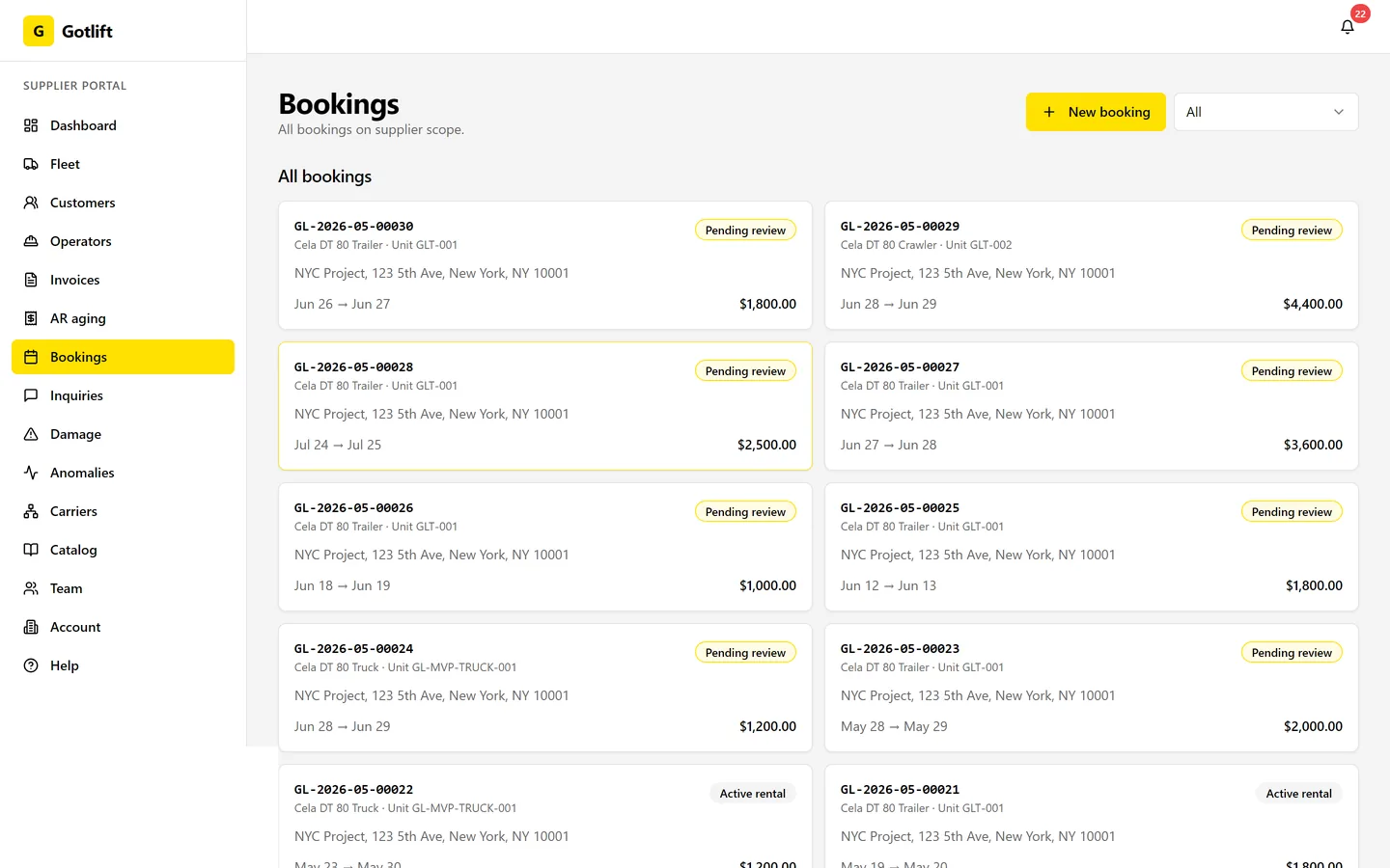 Gotlift: Every booking on one screen, priced by the server, each one in a known state.
