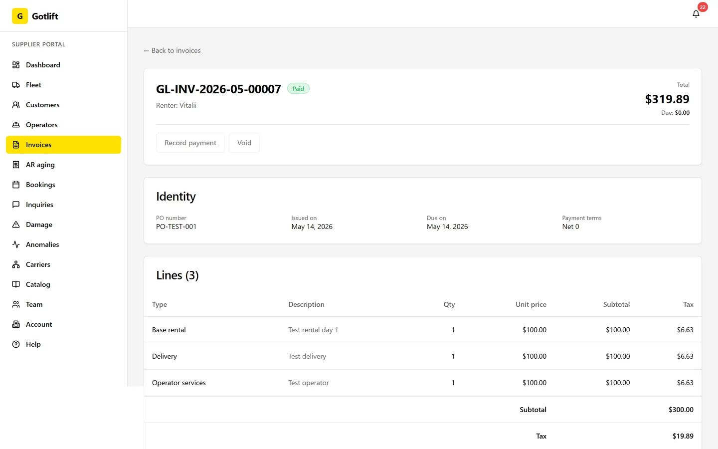 Gotlift: Invoice, lines, tax and payment, joined up to the books instead of retyped.