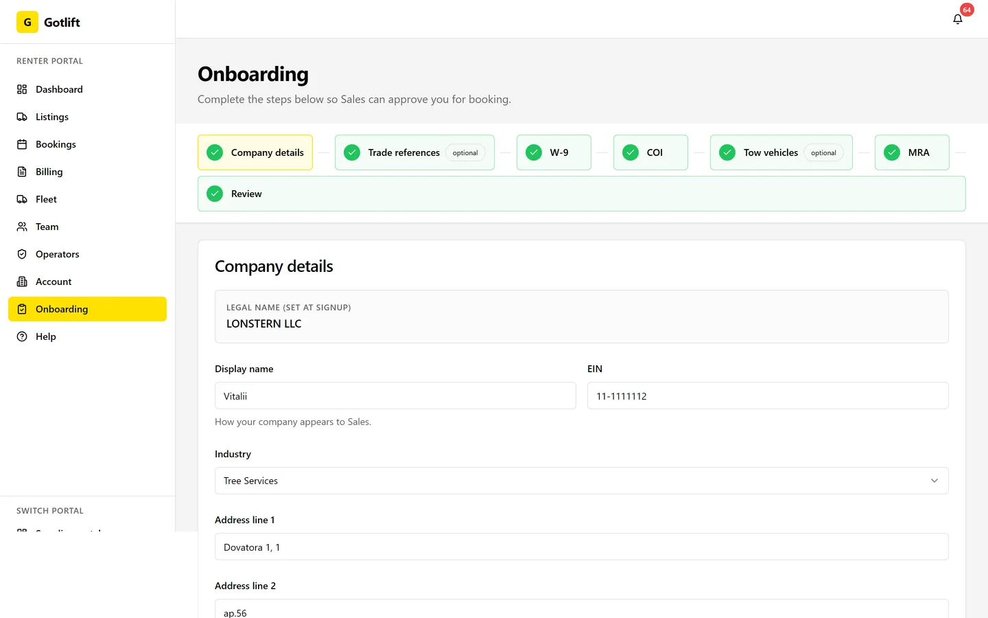 Gotlift: A new company applies: documents, insurance certificate, signed rental agreement.